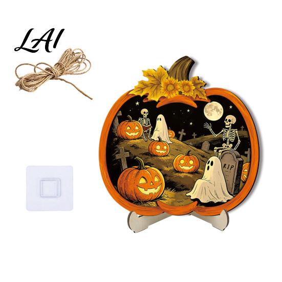 Cool Patterned Ornaments Halloween Door Sign Glowing Ghost Hanging Decor Wooden LED Window Reusable Party Supplies Ornament for Party Spooky