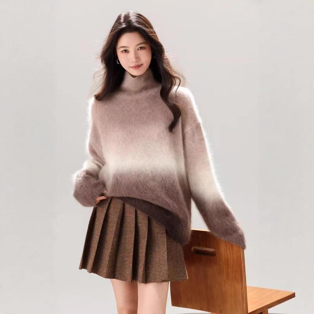 Gradient Cashmere Loose Knit Sweater - Autumn/Winter Round Neck Wool Base Layer