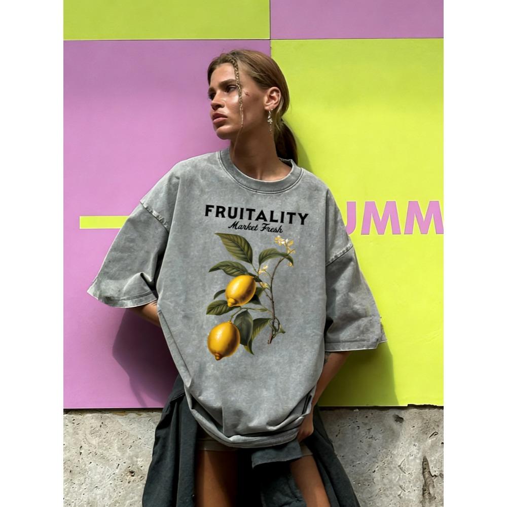 Fruitality Market Fresh Lemons Print Washed T Shirt Women Summer Casual Top Loose Short Sleeves Vintage Cotton T-Shirt