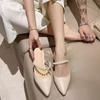 Pearl word with pointed head low heels 2025 summer new Korean version fashion bag head thick heel flat bottom cool slippers women
