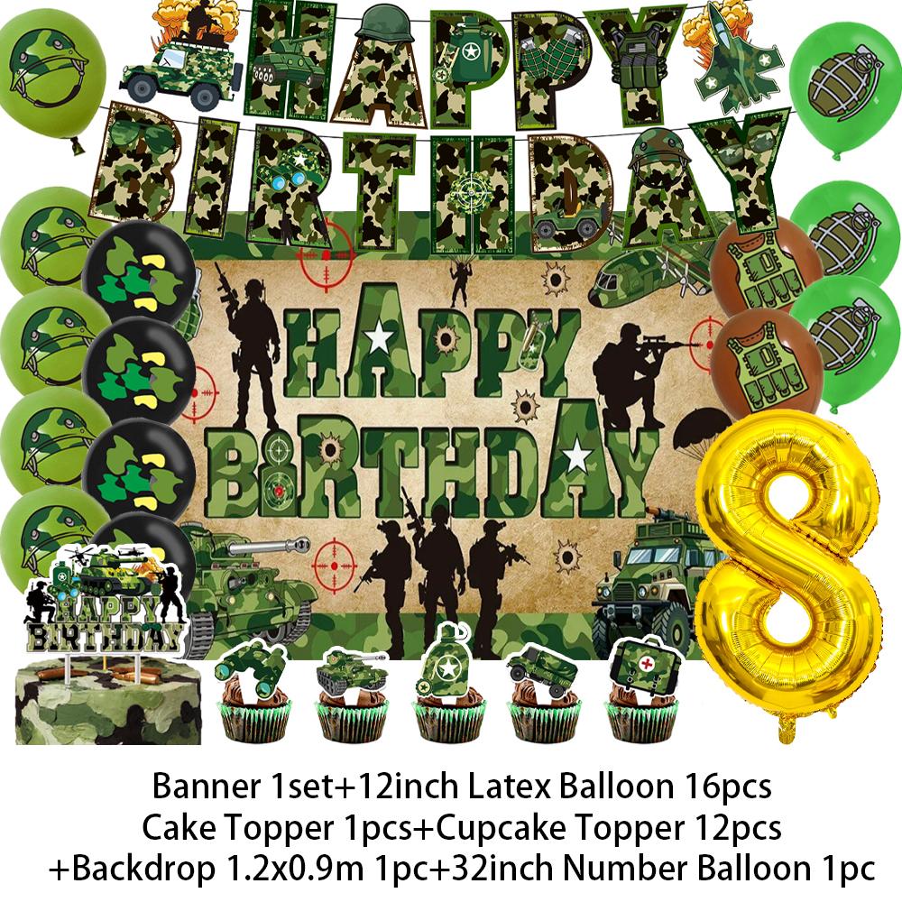 Militär Armee Thema Jungen Geburtstagsparty Dekorationen Camouflage Soldat Flugzeug Panzer Hintergrund Cartoon Luftballon Banner Kinderspielzeug Geschenk