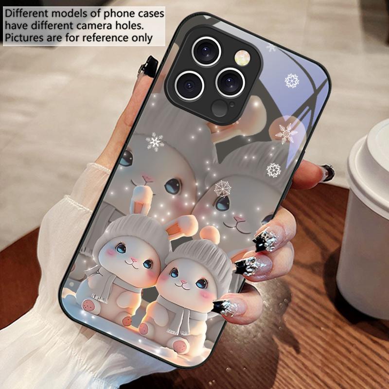 Cute Pink Twin Rabbits For iPhone 16 E 15 14 13 Plus 12 Mini 11 Pro Max XR Xs Max X 7 8 6 6S 2022 Tempered Glass Phone Case
