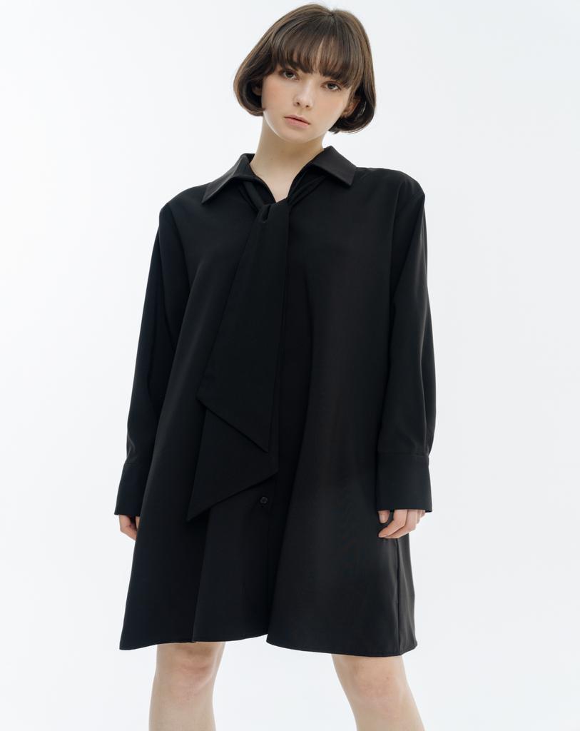 ISH Classic V-Neck Back Pleated Shirt Dress (Black)