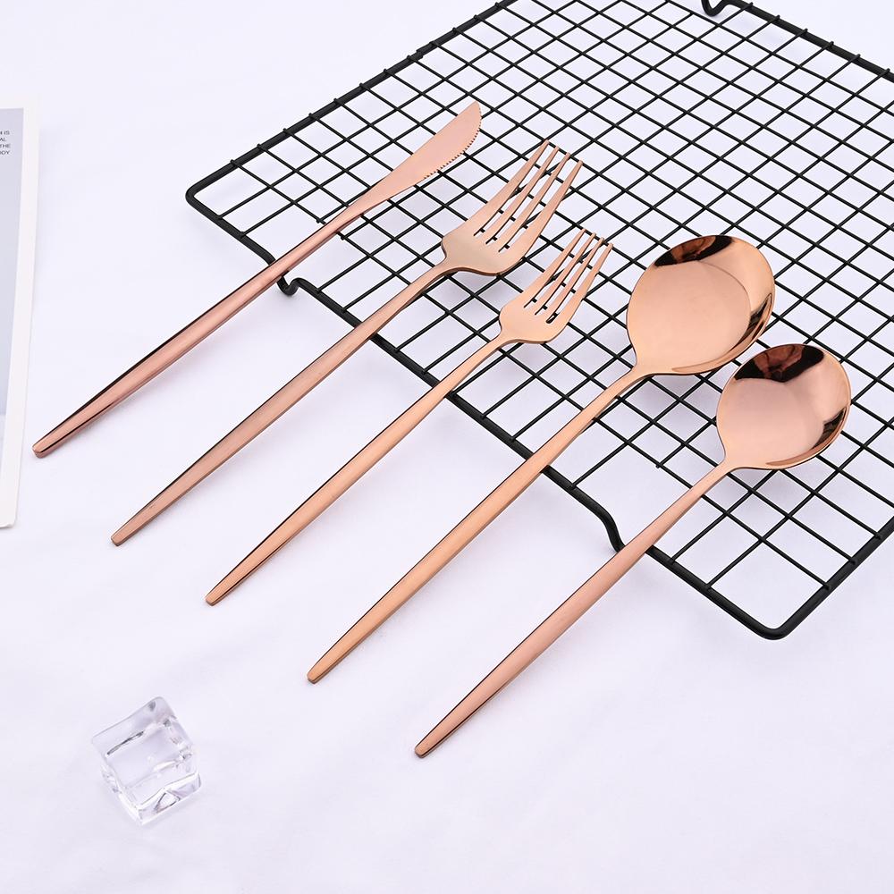 Rose Gold Mirror Cutlery Set Fruit Forks Spoons Dessert Knives Wedding Dinnerware Stainless Steel Flatware Dinner Tableware Set