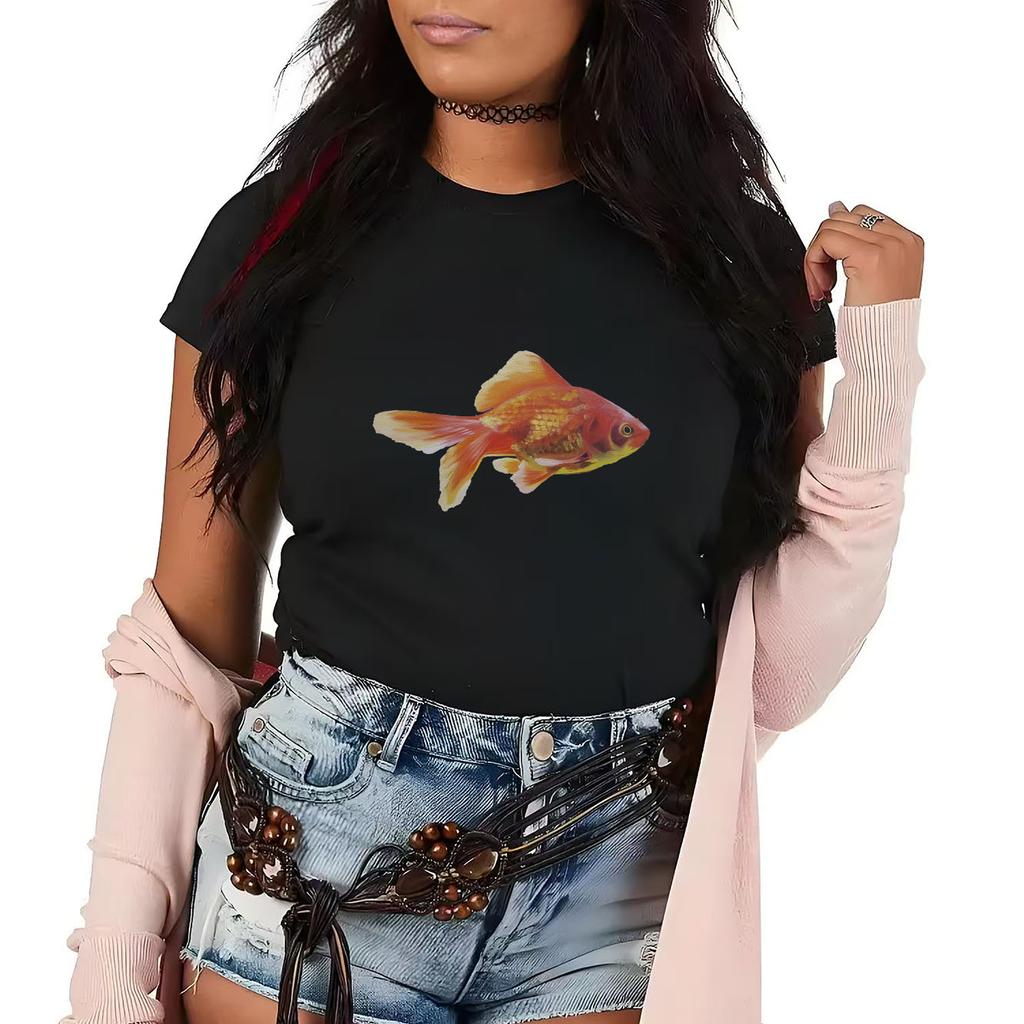 Beautiful Goldfish Print Short Sleeved Round Neck Womens Tshirt for Spring and Summer Versatile Womens Tshirt