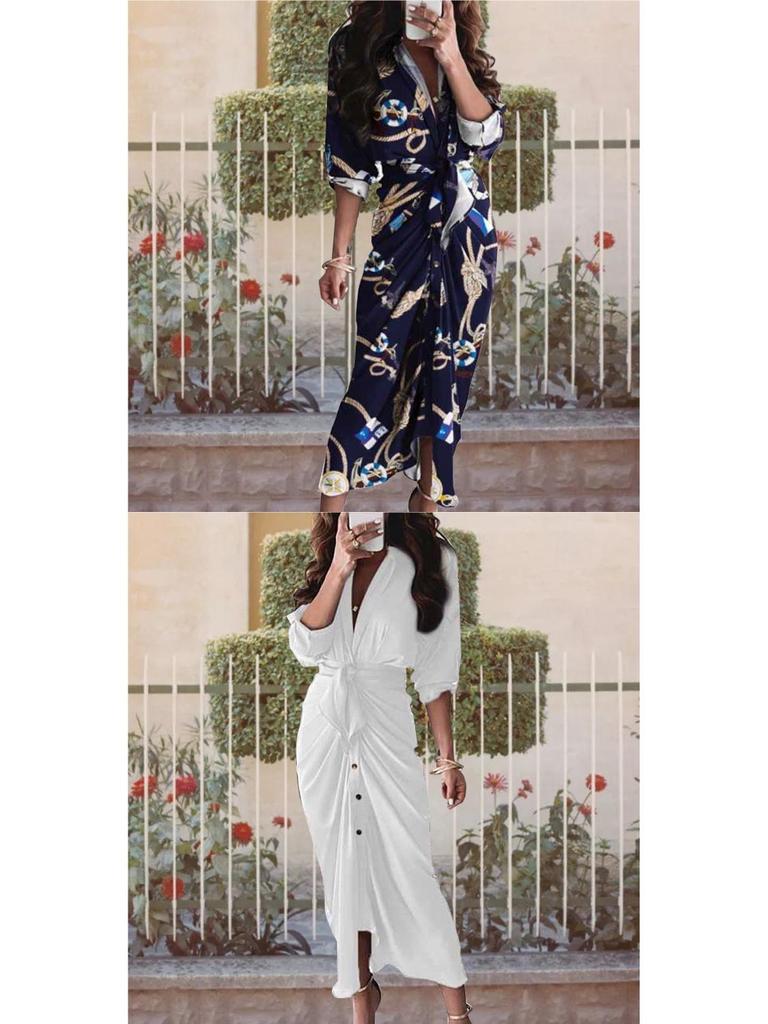 2026 Frühling Elegantes Sexy Bedrucktes V-Ausschnitt Bindeband High-Waist Kleid für Damen