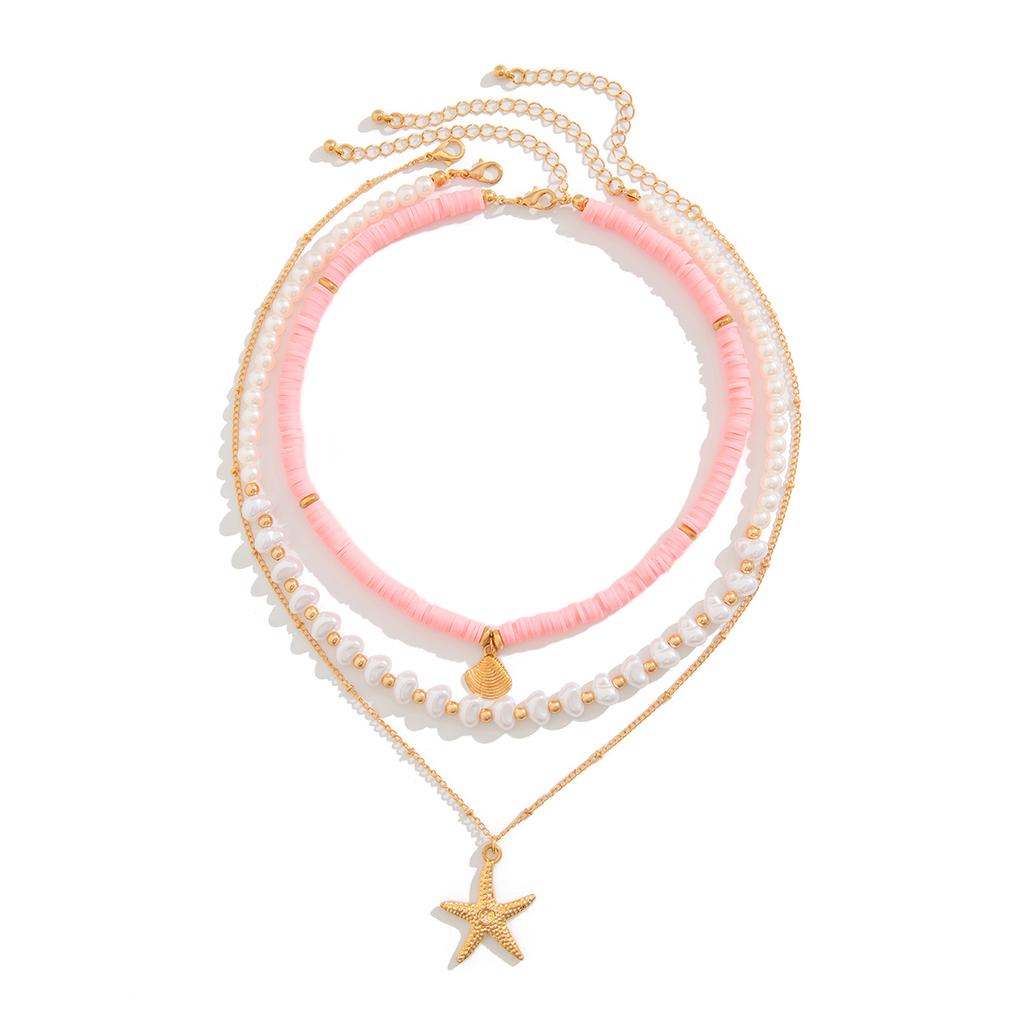 Ingemark 3Pcs Creative Heart Imitation Pearl Polymer Clay Chain Necklace Boho Metal Conch Starfish Pendant Choker Y2K Jewelry