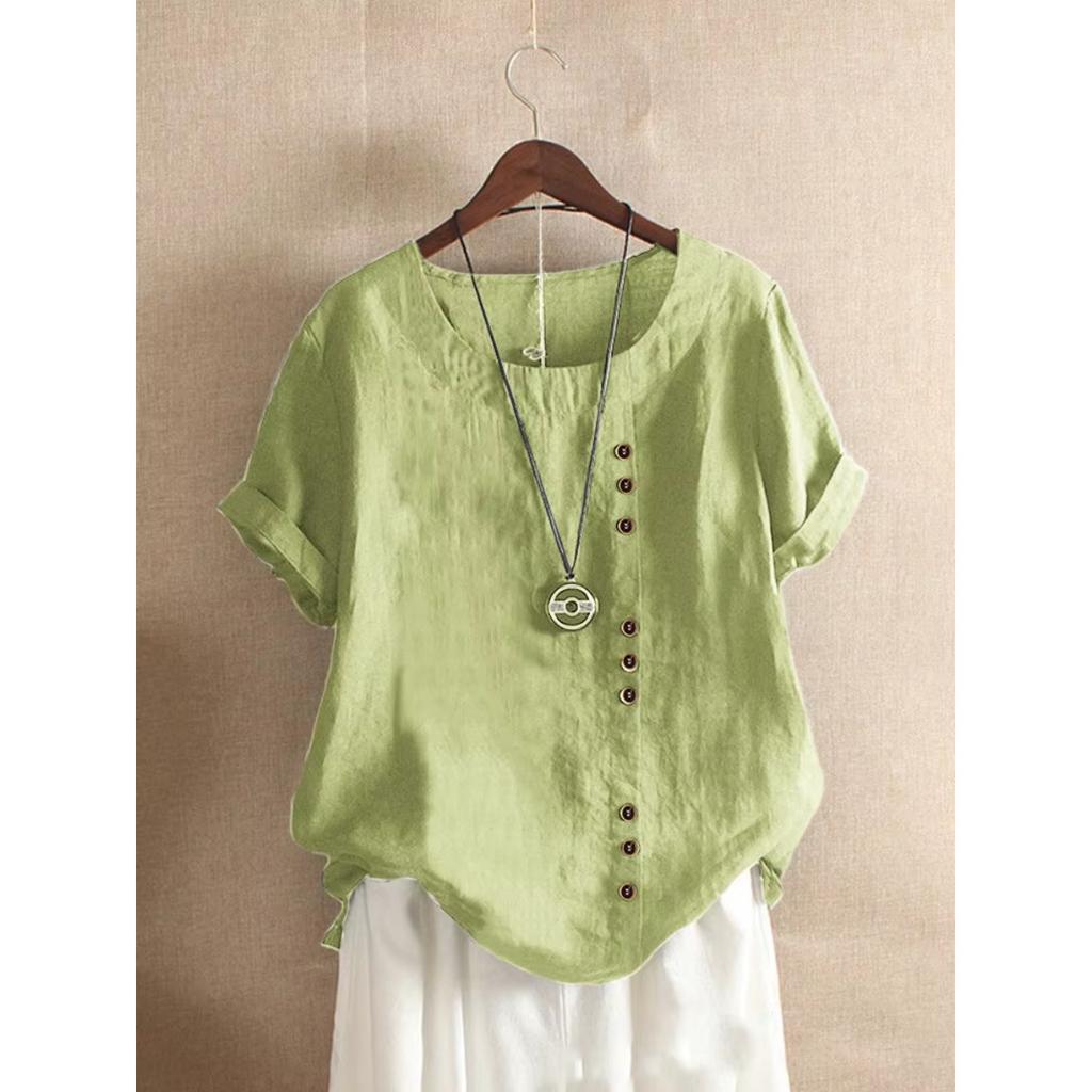18 Colors S-5XL Women Cotton Linen Button Blouse Summer Female O-Neck Short Sleeve Solid Shirt Tops