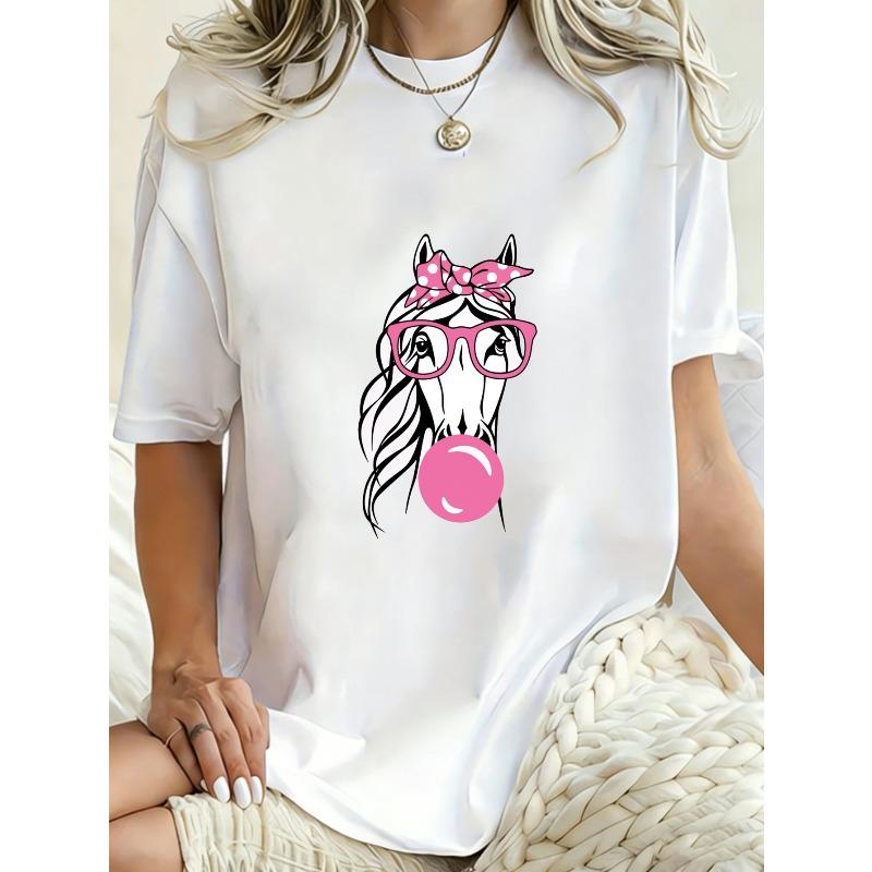 Oversized T Shirt Black Horse With Pink Glasses And Bow Bubble Gum Print Casual Wear For Women Summer Outfit Street Style Fashion Top