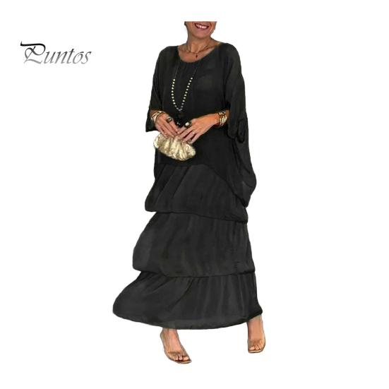 Evenig Dress Layered Scattered Cake Hem Half Sleeves Maxi Dress Bat Sleeves Baggy Round Neck Chiffon Dress for Party Prom