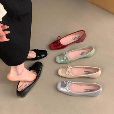 New Style French Inside Increase Single Shoes Women Fashionable Square Head Thick Bow with Skirt Small Leather Shoes Soft Soles