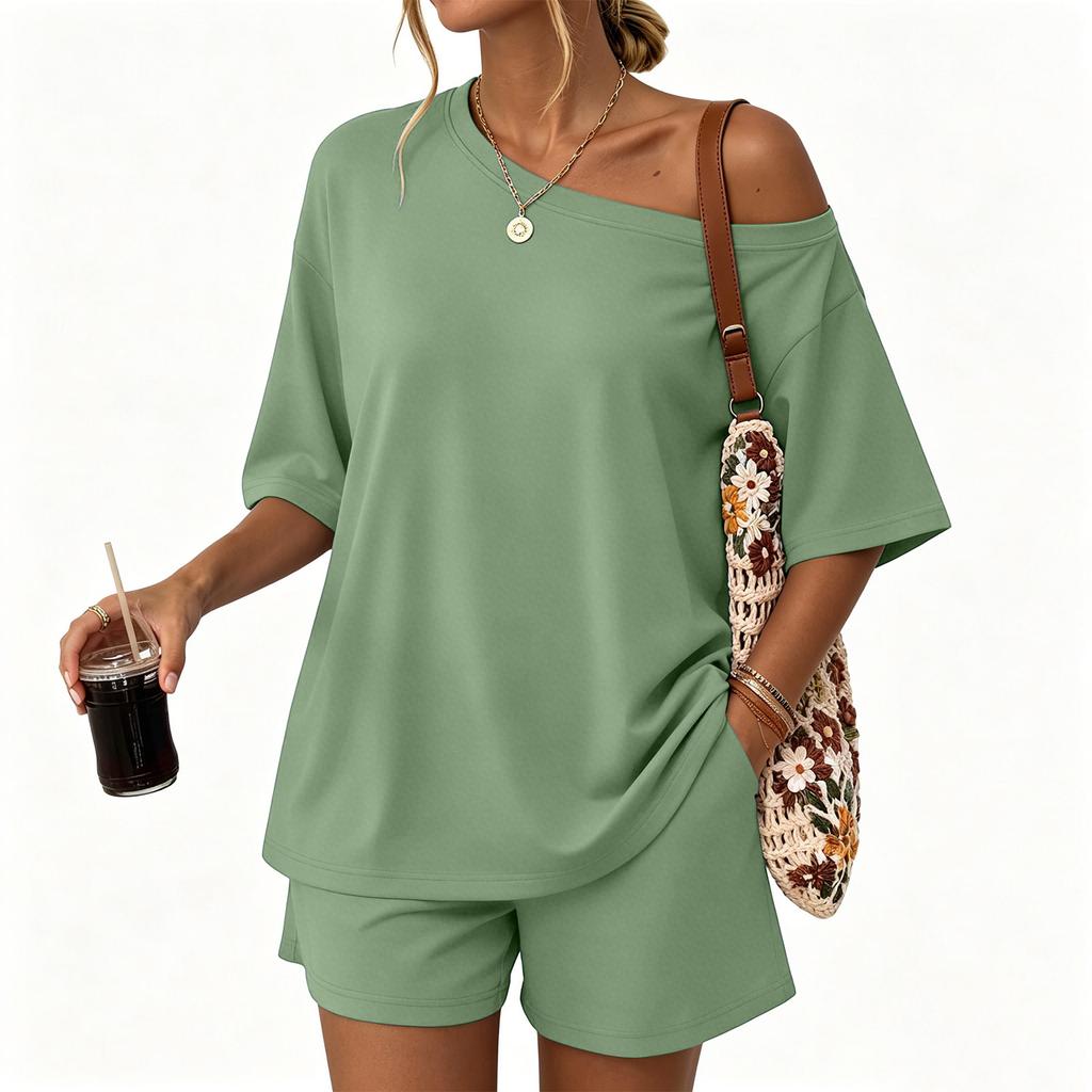 Women Casual Two Piece Set Short Sleeve Loose Fit Top and Elastic Waist Shorts Lightweight Lounge Wear Summer Outfit