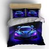 Neon Purple Sports Car Bedding Set 3pcs, Futuristic Supercar Print Duvet Cover, Cool Racing Bedding for Boys & Gamers, Gift