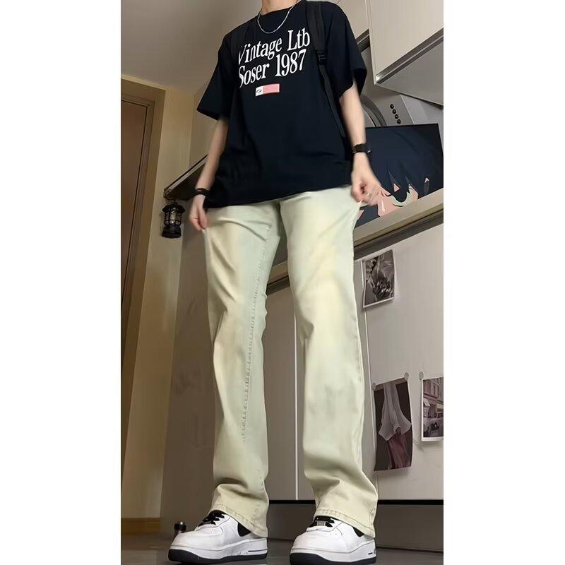 Smoke gray jeans men's American high street vibe pants high waist and thin casual versatile pants without sticking legs