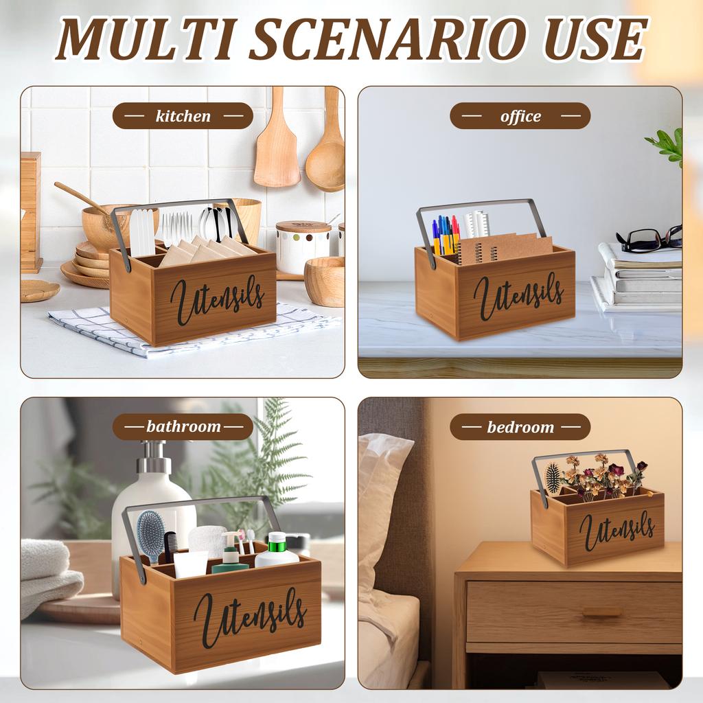 Wooden Tableware Storage Box with Handle and 4 Compartment Portable Silverware Storage Organization Box for Kitchen Counter