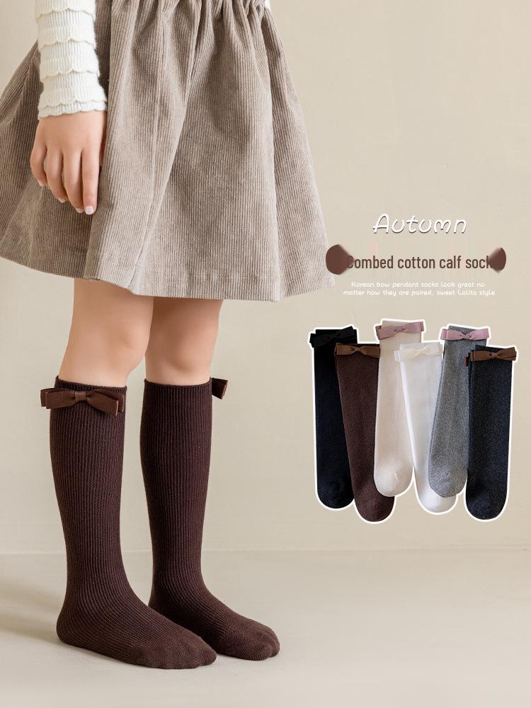 Dziewczęce skarpetki do kolan z kokardkami - Styl koreański na wiosnę/jesień, bawełniane, design księżniczki