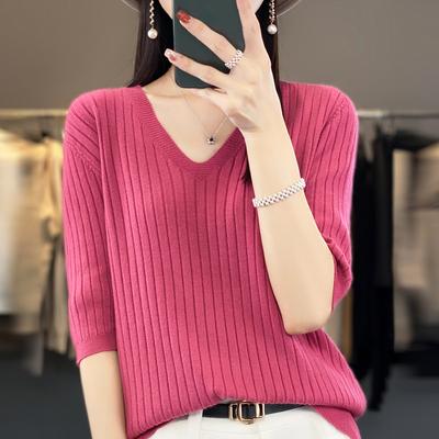 Damenpullover Frühling Sommer Kurzarm V-Ausschnitt Strickshirt Lässig Koreanische Pullover Streifen Unterhemd Slim Fit Jumper