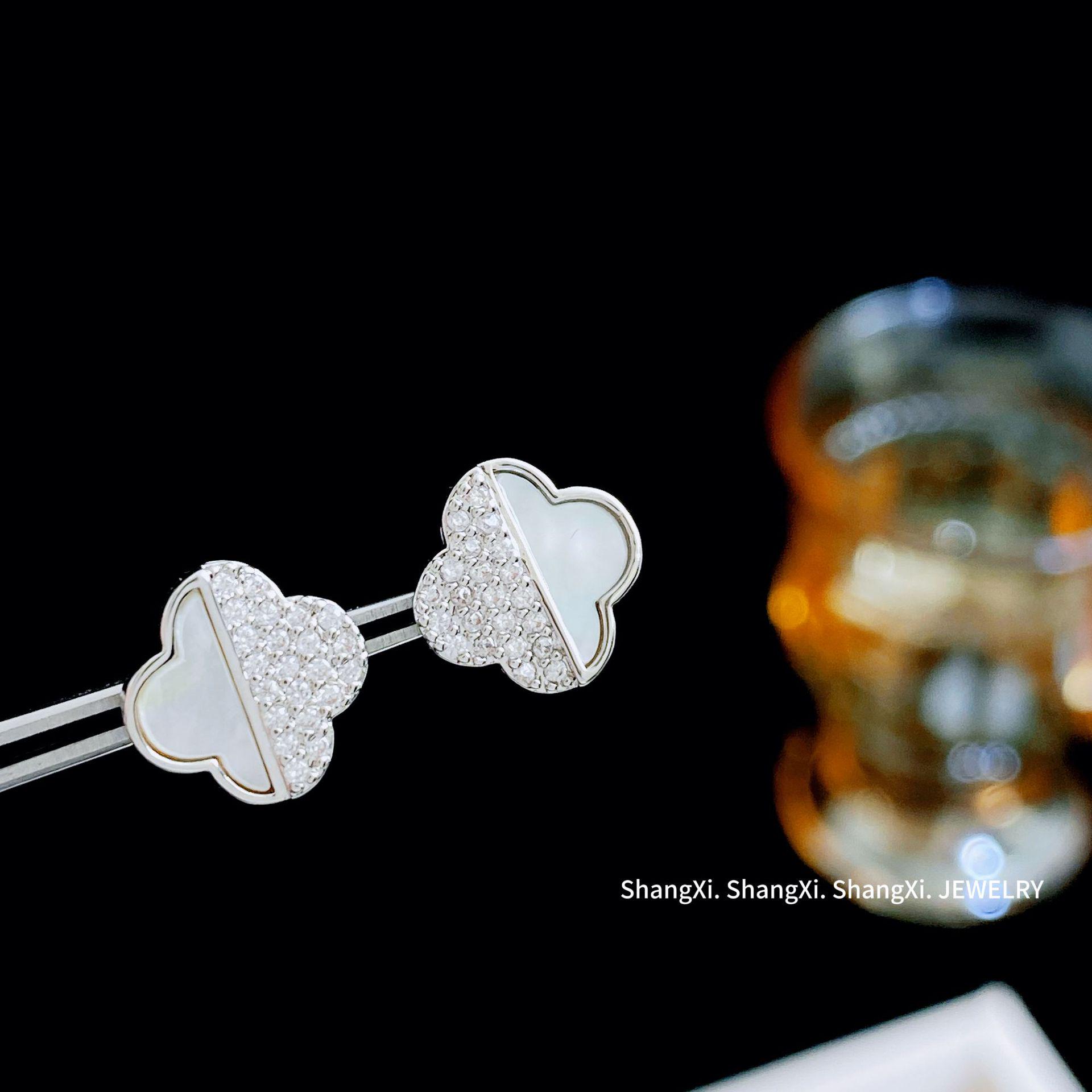 

Bersalia Four-Leaf Clover Stud Earrings: Micro-Paved Zircon, Natural Shell, S925 Silver.
