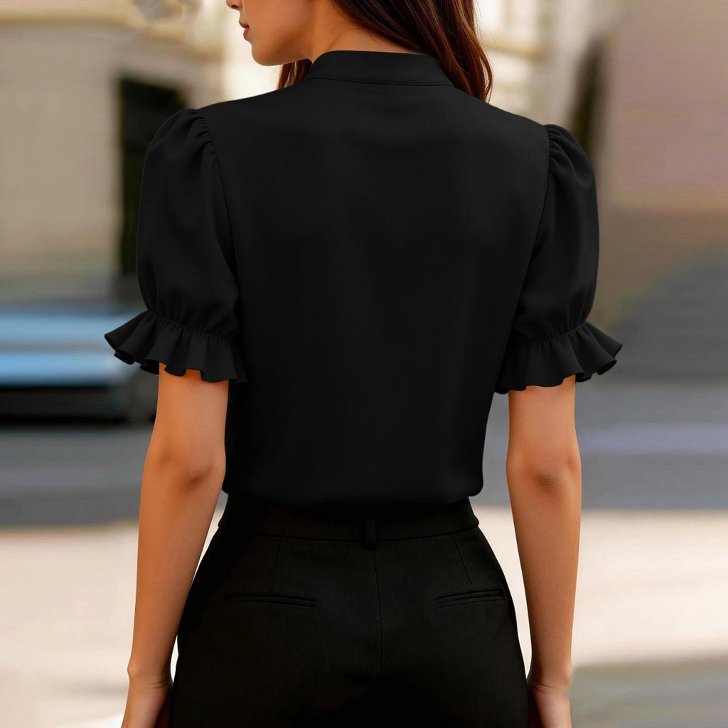 Women's Casual Fashion Stand Collar Lace Patchwork Puff Sleeve Short Sleeve Shirt Top