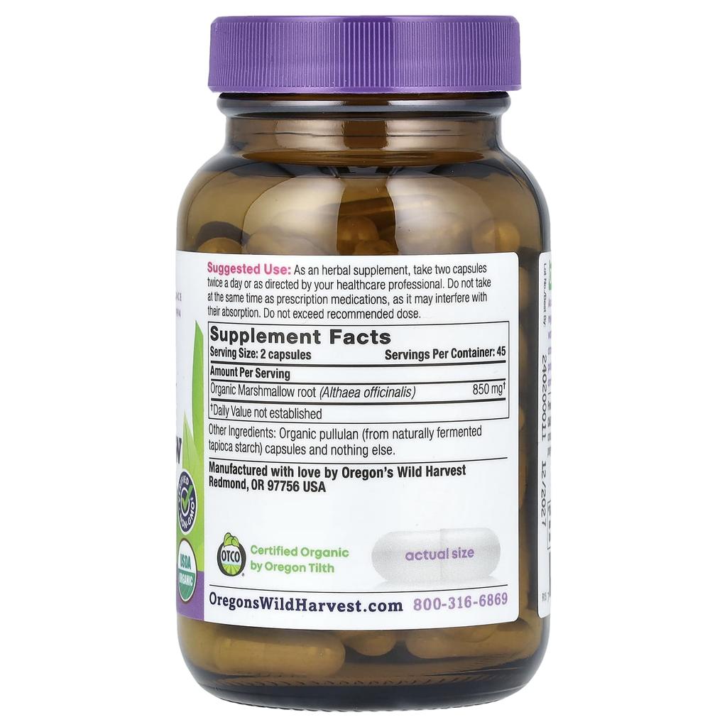 Oregon's Wild Harvest Organic Marshmallow, Organic Veggie Capsules, 90 Count (425Mg/Capsule)