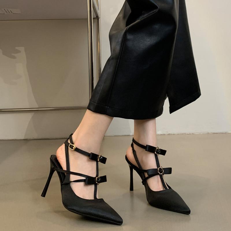 Fashion Star style Elegant Pointed Toe Satin Bowknot Mary Janes Women Pumps Summer Fashion Slingbacks Stiletto High heels Prom Shoes