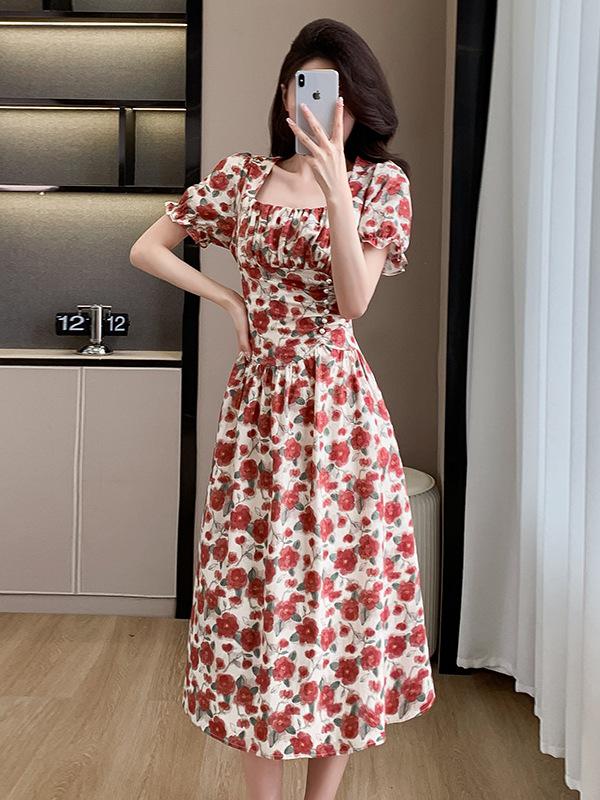 

Camellia Cotton Retro French Slimming Waist Dress Small