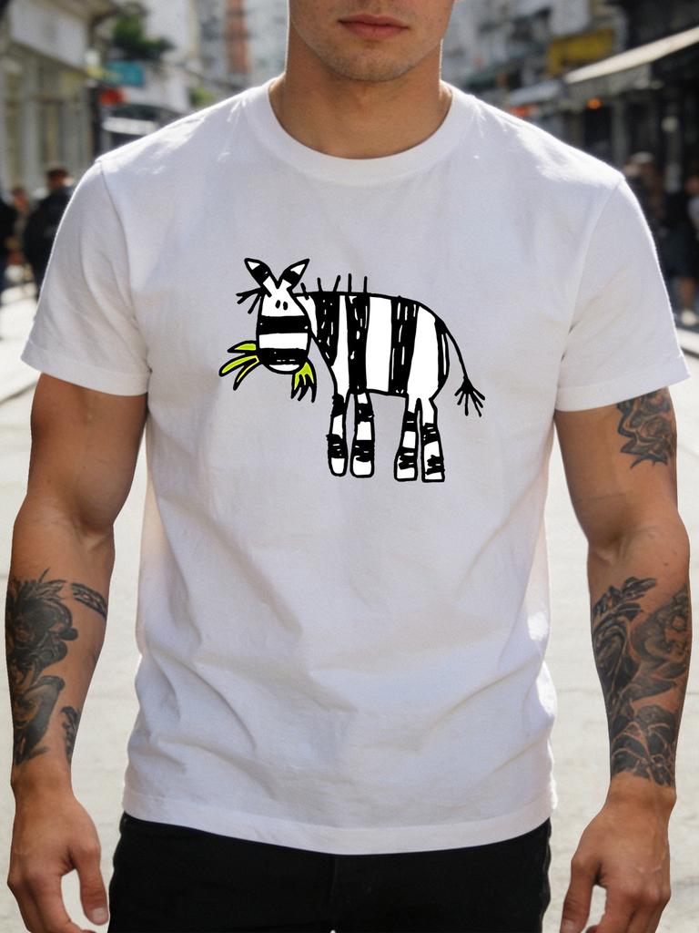 Doodle Zebra Eating Grass Graphic Unisexs Short Sleeve T Shirt Cute Cartoon Animal Crew Neck Soft Cotton Casual Daily Tee For Unisex
