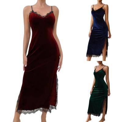 Elegant Women's Velvet Lace Trim Maxi Dress Sleeveless Spaghetti Strap Evening Gown for Party or Casual Wear