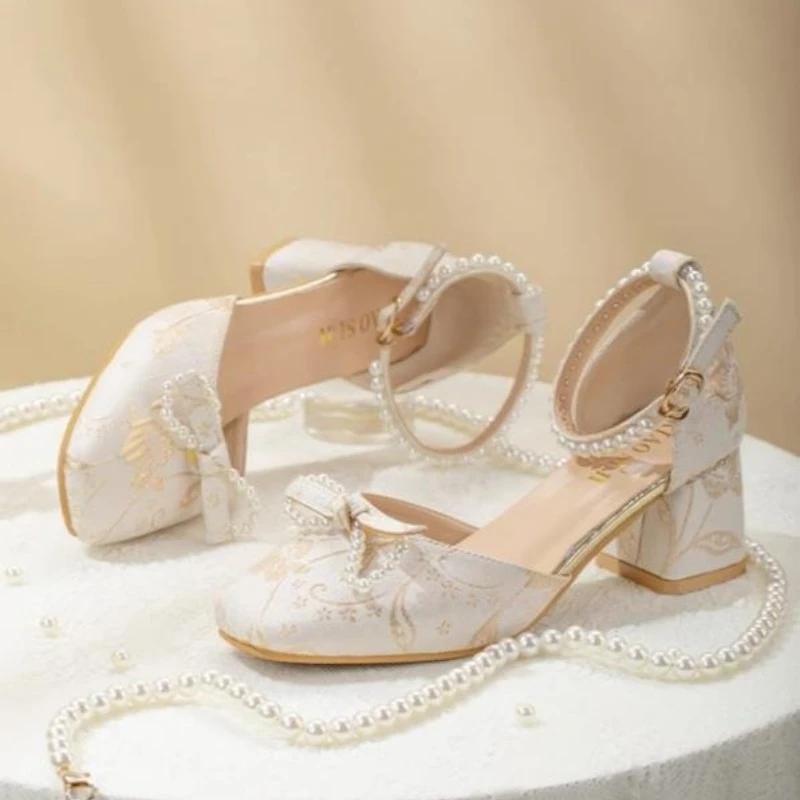 

2024 Весна Женские Туфли Мэри Джейн На Высоком Каблуке Туфли Для Вечеринки Свадьбы Белые Розовые Бежевые Туфли Принцесса Косплей Лолита Туфли 36-40 40 бежевый