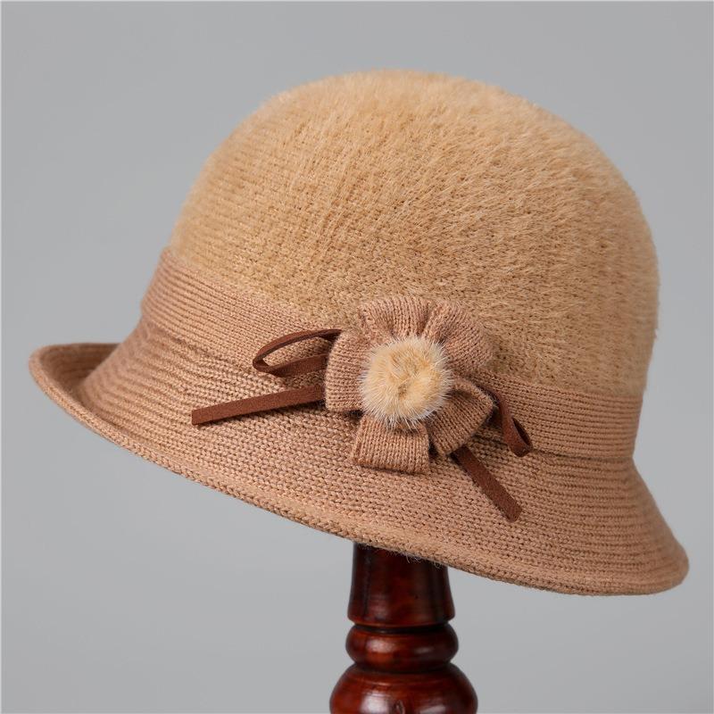 

Hat Ladies knitted top hat autumn and winter retro basin hat cashmere warm versatile bucket hat M（56-58cm）