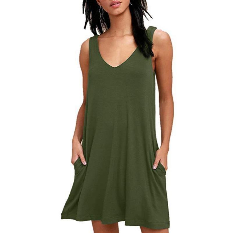 Summer Women's Dress V-neck Sleeveless Loose Casual Pocket Dresses