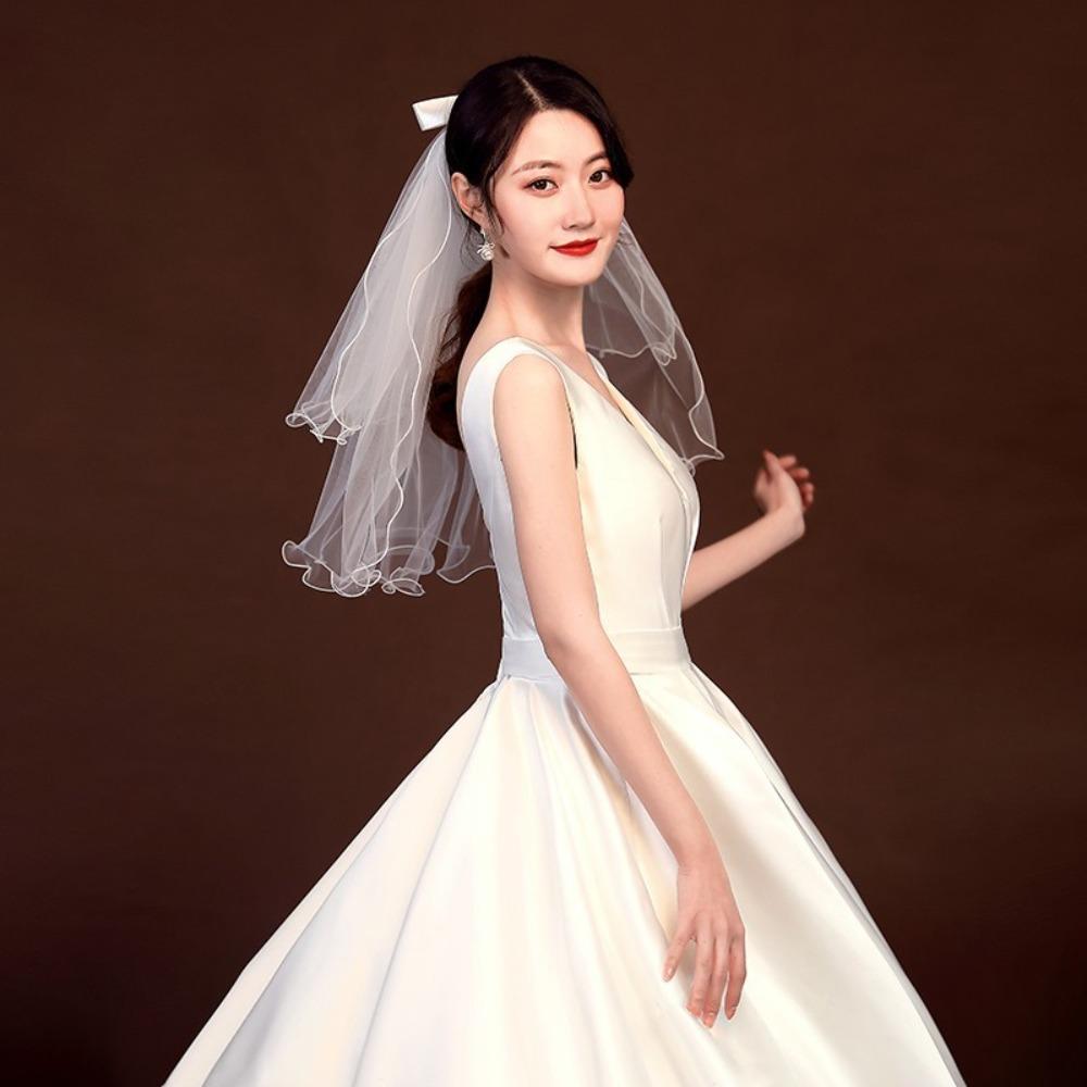 2PCS Elegant Double Layered Headband Bow Tied Wedding Gauze Head Covering Bride's Head Gauze  Party