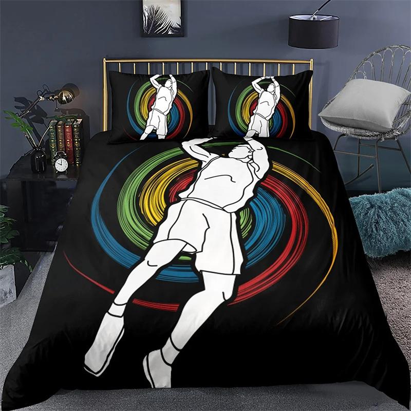 Basketball Duvet Cover Set Black 3D Ball Sports Theme Bedding Set Microfiber Basketball Court Competitive Games King Quilt Cover