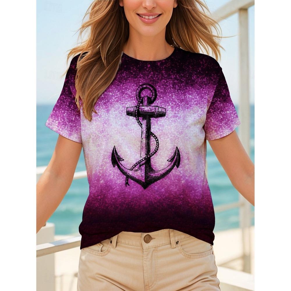 Boat Anchor 3D Print T-shirts for Women, Short Sleeve T-shirts, 3D Print T-shirts, Crew Neck T-shirt, Summer Casual Clothes for Women