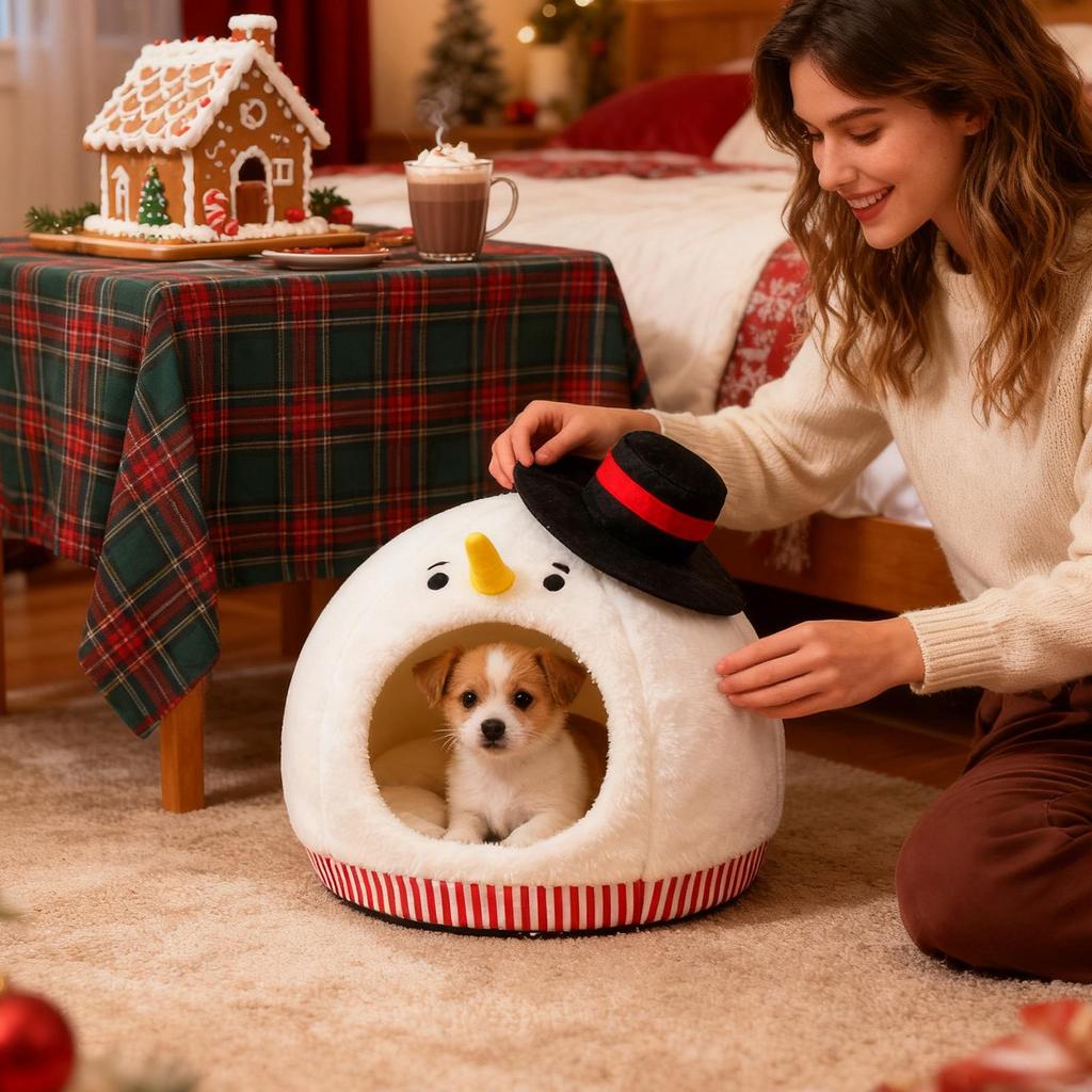 Cat Bed House Cute Warm Enclosed Snowman Pet Furniture With Washable Mat Indoor Cat House For Indoor Winter Travel Car RV