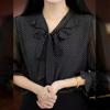 Women's Elegant V-neck Black Polka Dot Chiffon Lace-up Top