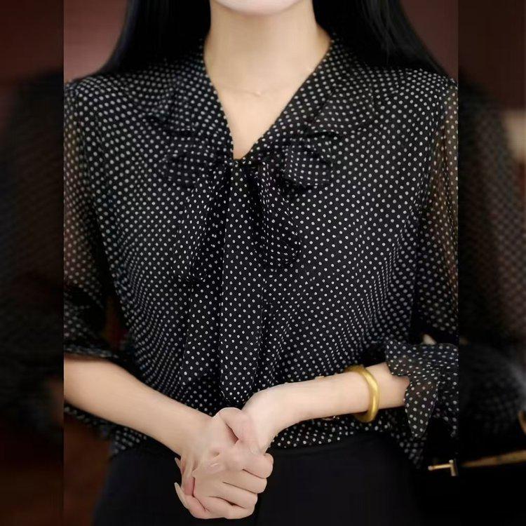 Women's Elegant V-neck Black Polka Dot Chiffon Lace-up Top