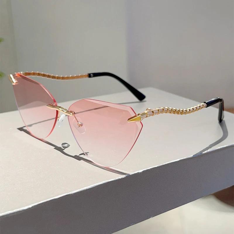 Rimless Cat Eye Sunglasses Women  New Stylish Vintage Gradient Casual Shades Trendy Luxury Brand Design Sun Glasses