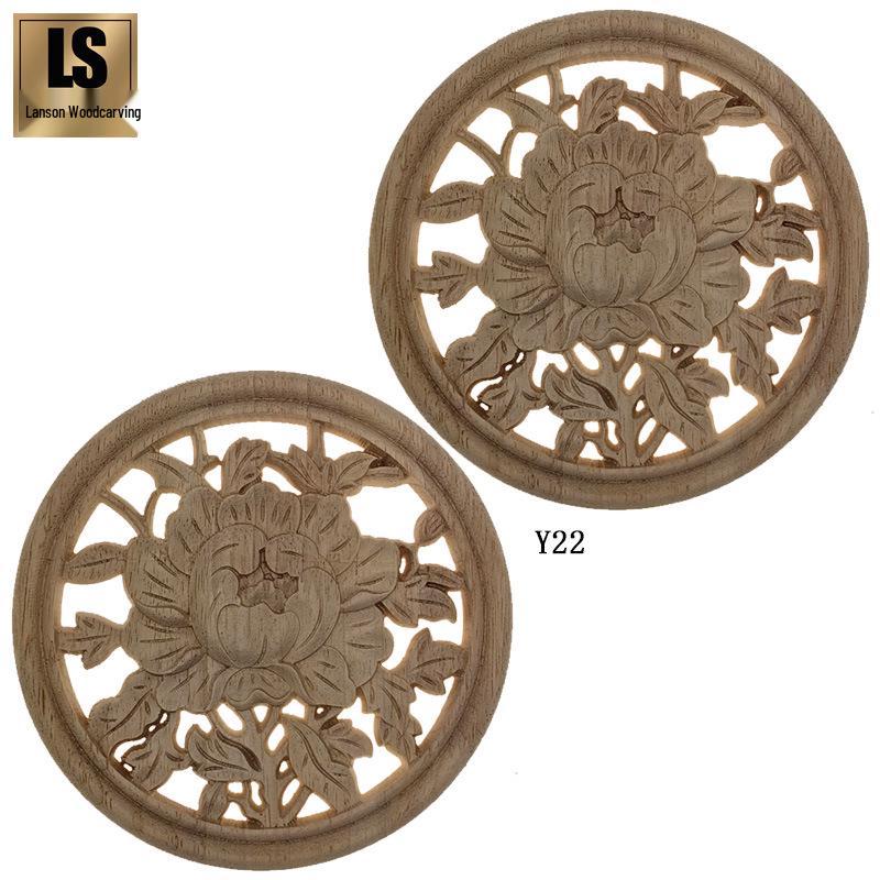 

Dongyang Carved Round Plate: Peony & Rose Inlay Relief Sculpture for Cabinet Door Decor Y22 15cm