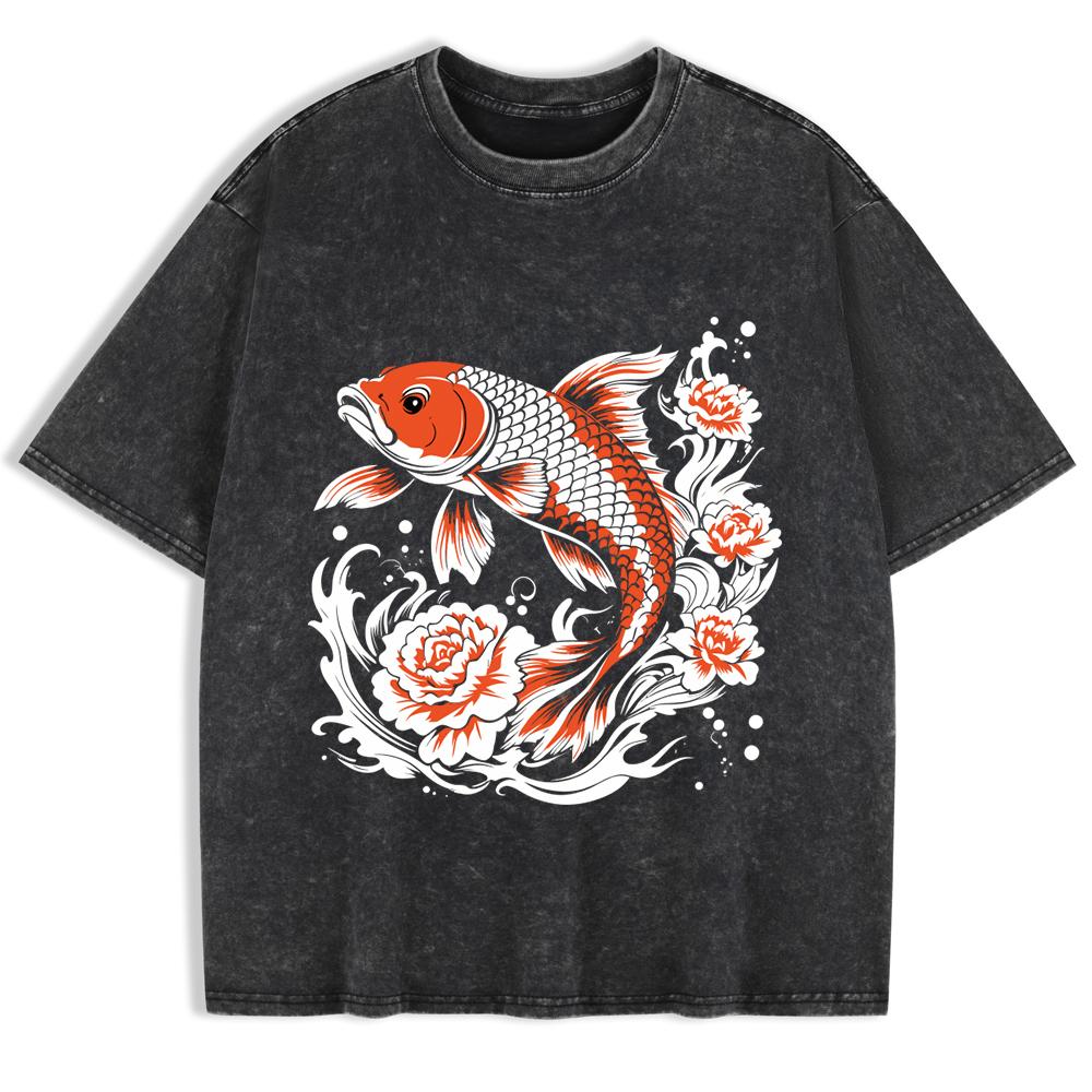 Japanese Koi Harajuku Printed Washed T-Shirts Mens Cotton Short Sleeve Tops Summer O-Neck Oversized T Shirt Clothes