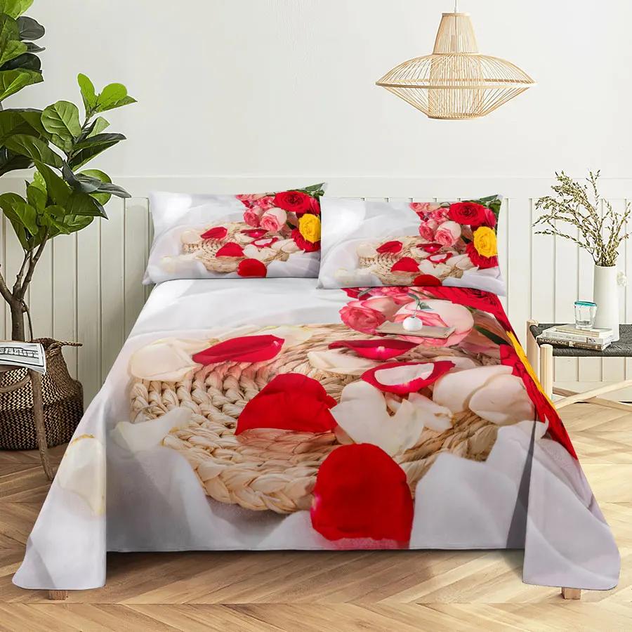 Pink Floral Bed Sheet Set Pillowcase Bedding Linens Cover Flower Queen King Twin Full Size for Single Double Bed Soft Thin