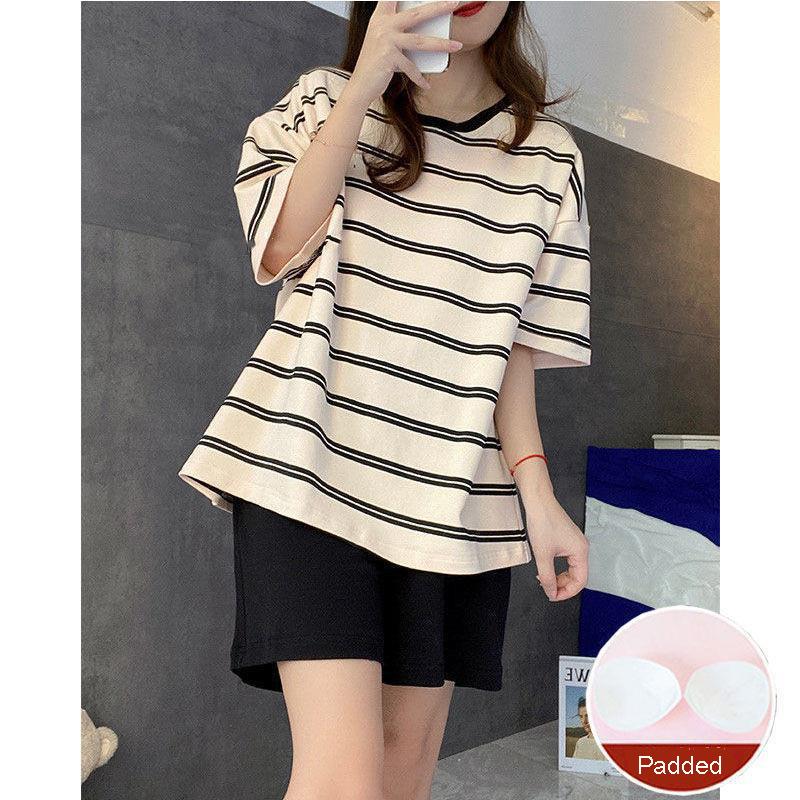 Large Size with Cushion Pajamas Women Summer Loose Striped School Leisure Homewear Two-Piece Set Green Korean Fashion Sleepwear
