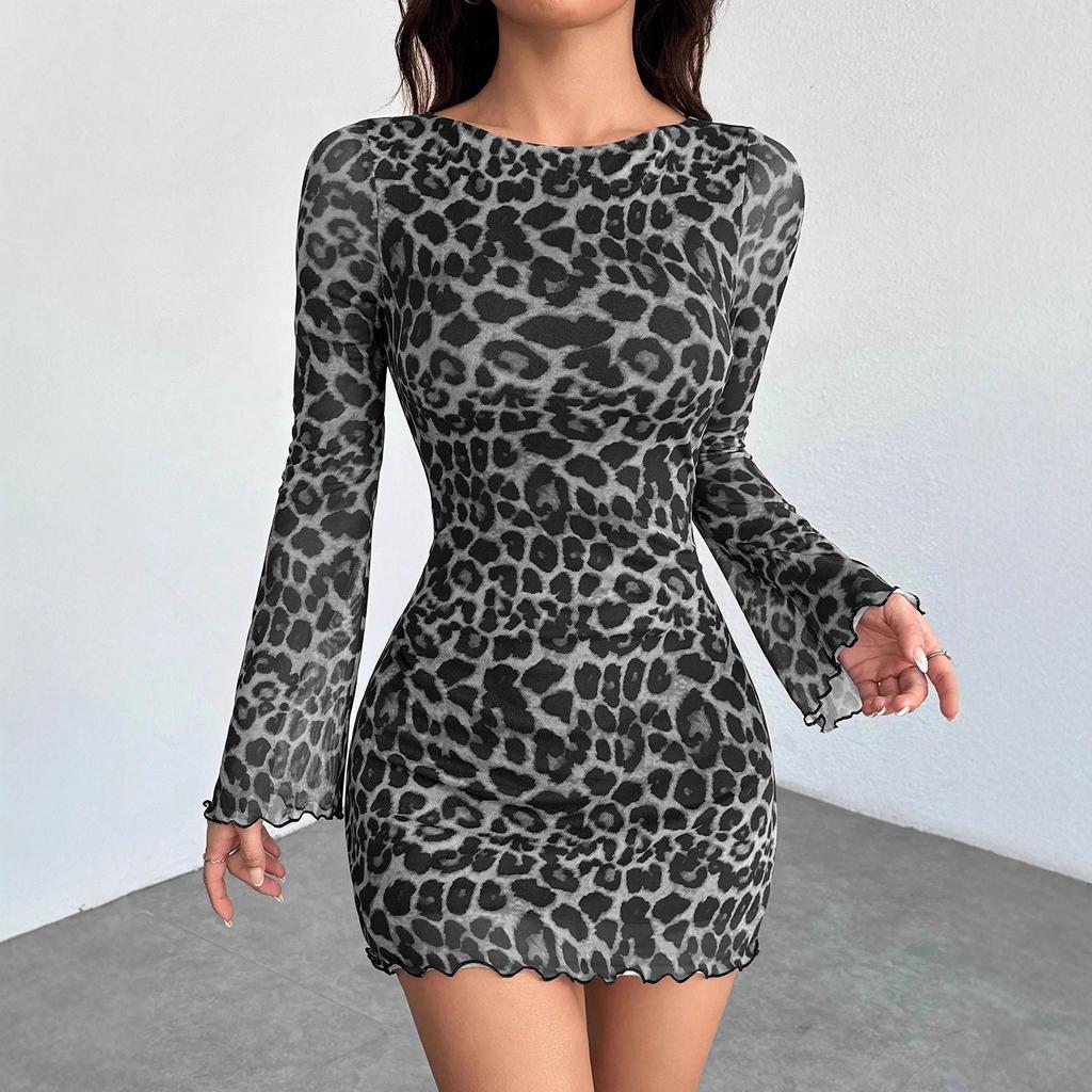 Kawaii Dívčí Módní Topy Studentské Kreslené Ležérní Dámské Oblečení Šaty s Dlouhým Rukávem Leopardí Vzor Síťovina Elegantní Sexy pro Ženy