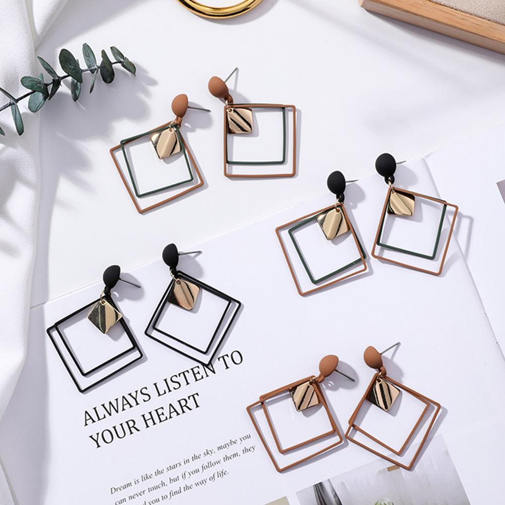 Women Unique Frosted Square Double Layer Geometry Pendant Earrings