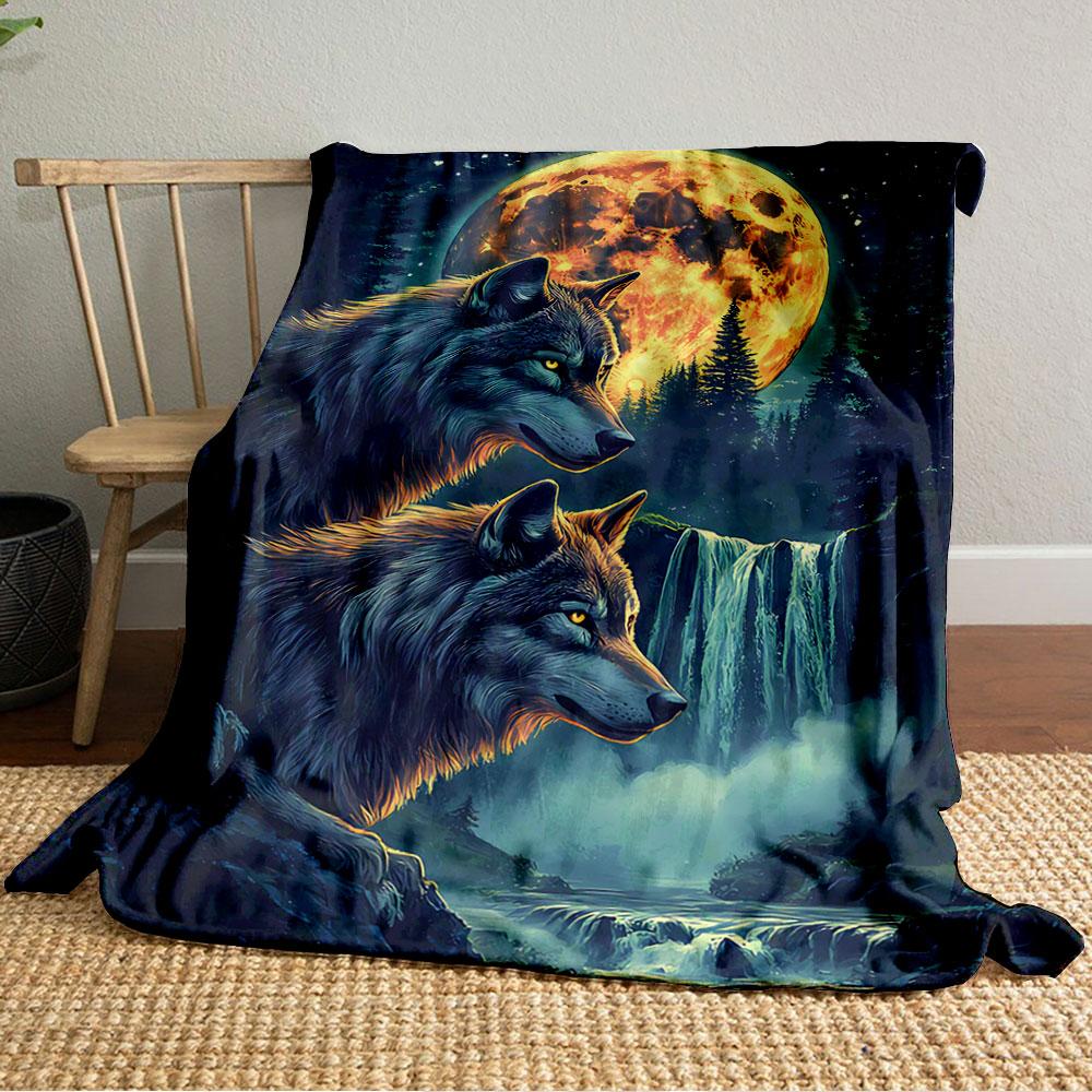 Wolves and Moonlit Waterfall for all seasons blanket lunch break throw gift
