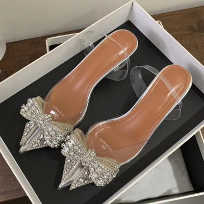 2025 Frühling Sexy Slingback Schuhe Damen Mules Sandalen Mode Kristall Diamant Schleife Spitz Zehenbereich Transparente Absätze Pumps