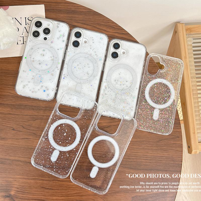 Applicable to Apple 16Promax transparent glitter star 17 sequin magnetic mobile phone case Iphone15 Epoxy soft case