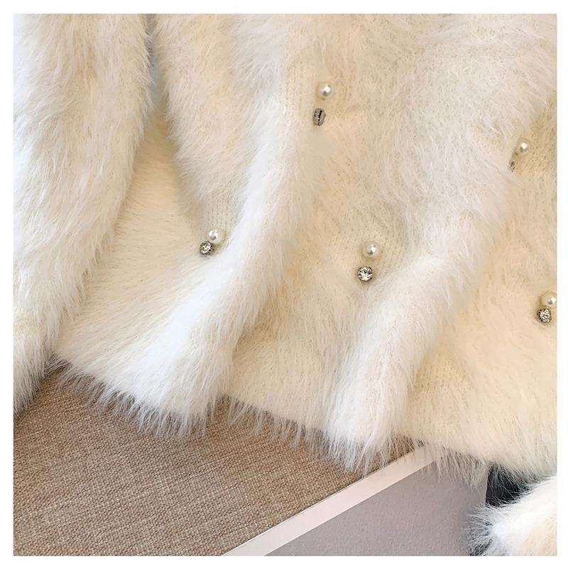 Autumn Winter Women Sweet V-neck Soft Furry Mohair Beading Knitted Sweater Christmas Short Pullover Tops