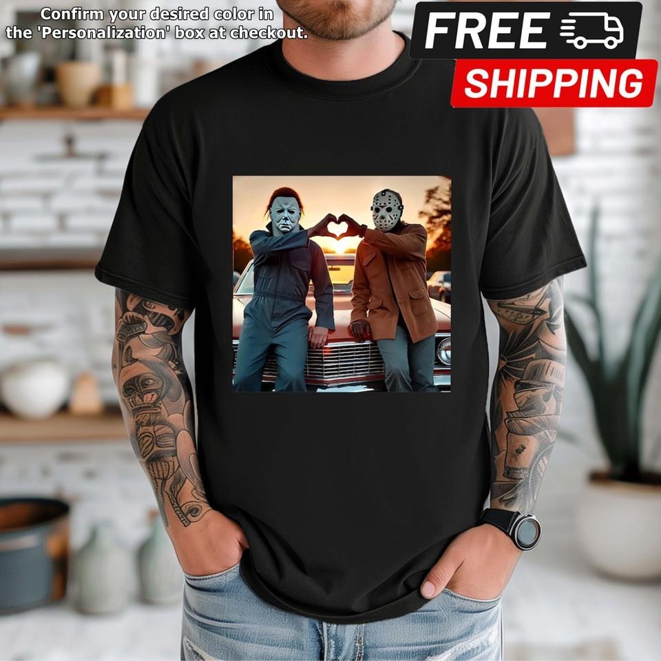 

90s Horror Movie Michael and Jason Heart Hands Halloween Shirt Unisex T-Shirt XXXL