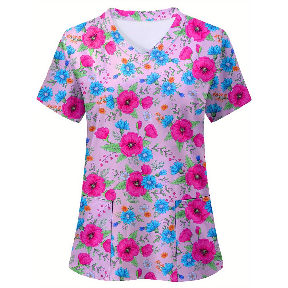 Blouses médicales pour femmes Mode Imprimé floral Tops d'infirmière saine Col en V Manches courtes Poches plaquées T-shirts Uniformes cliniques Femme